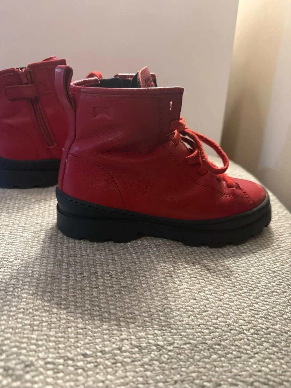 Camper-Brutus Kids Red Leather Lace-Up Platform Combat Boots